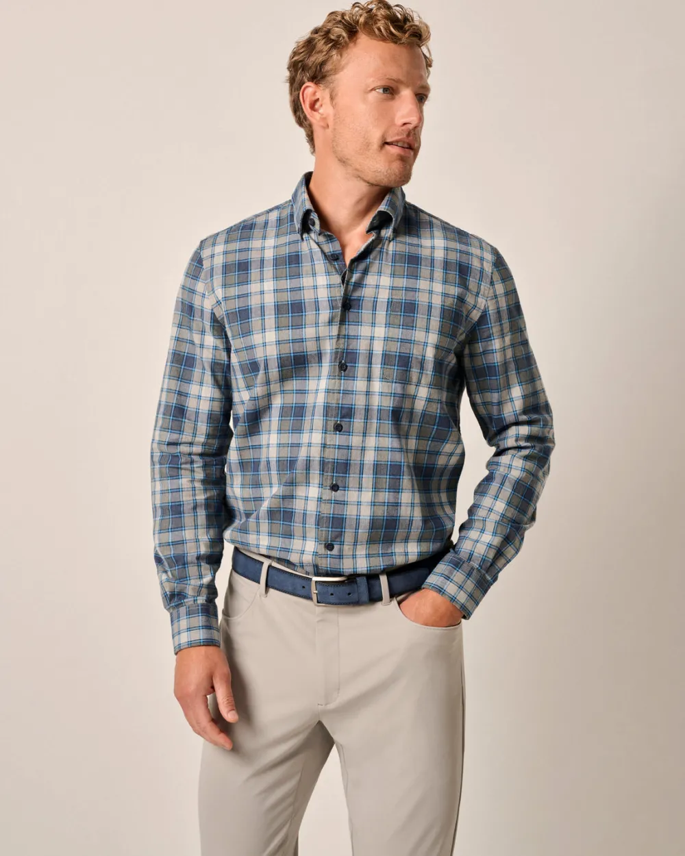 Shirts-Johnnie-O Benjamin Tucked Cotton Blend Button Up Shirt for Men (SALE) Heather Gray