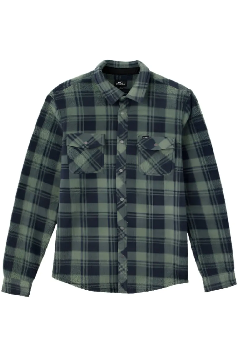 Shirts-O'Neill Glacier Plaid High Pile Superfleece Standard Fit Shirt for Men (SALE) Dark Olive