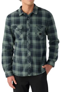 Shirts-O'Neill Glacier Plaid High Pile Superfleece Standard Fit Shirt for Men (SALE) Dark Olive