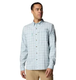 Shirts-Columbia Men's PFG Wild Cast Performance Yarn Dye Long Sleeve Shirt Crushed Blue Multi Mod Ombre