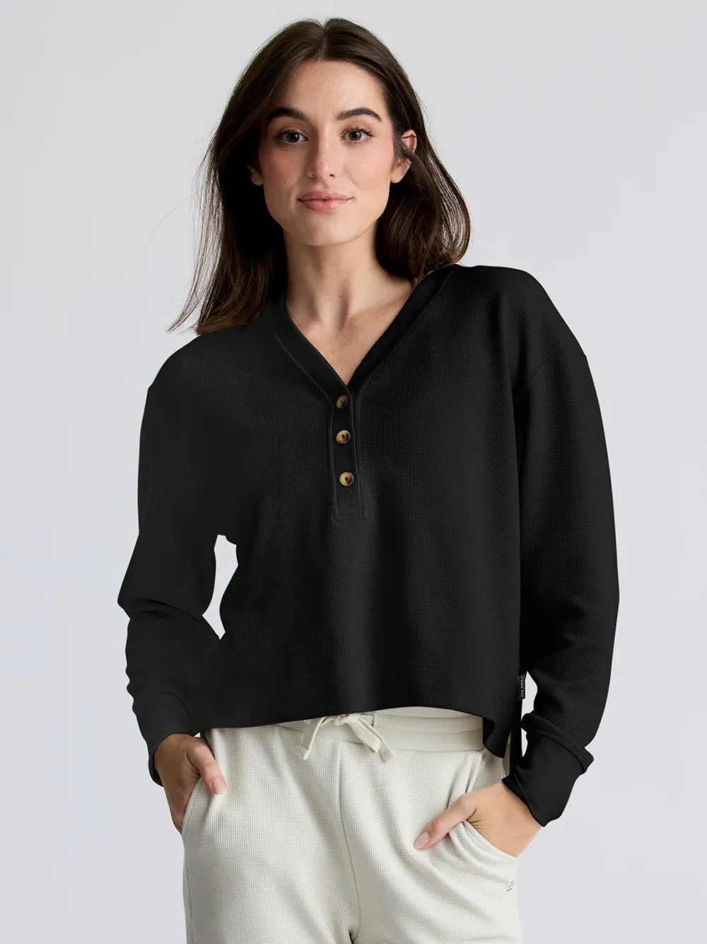 Shirts-Free Fly Apparel Waffle Long Sleeve Henley for Women